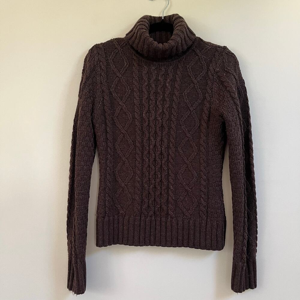 LL Bean Cable Knit Turtleneck Women’s Sweater Brown Wool Blend Chunky Sz S